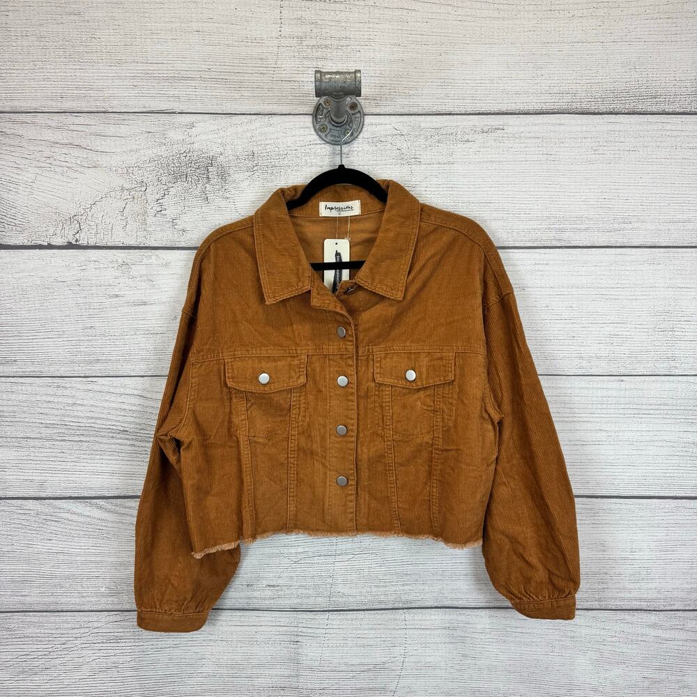 Impressions Women's Tan Corduroy Smiley Face Cropped Jacket Size Large